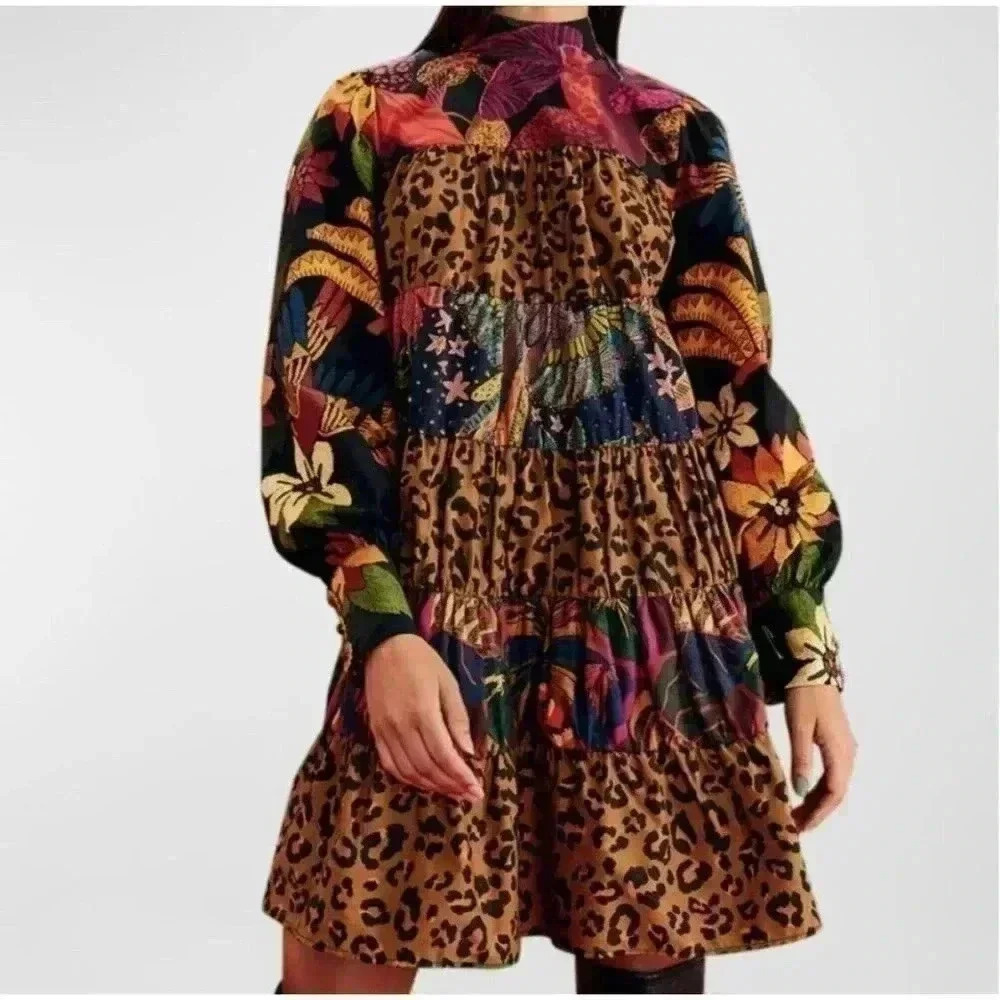 FARM Rio Rio Tiered Mini Dress Long Sleeve Small S Mixed Print Leopard Floral - Picture 1 of 8